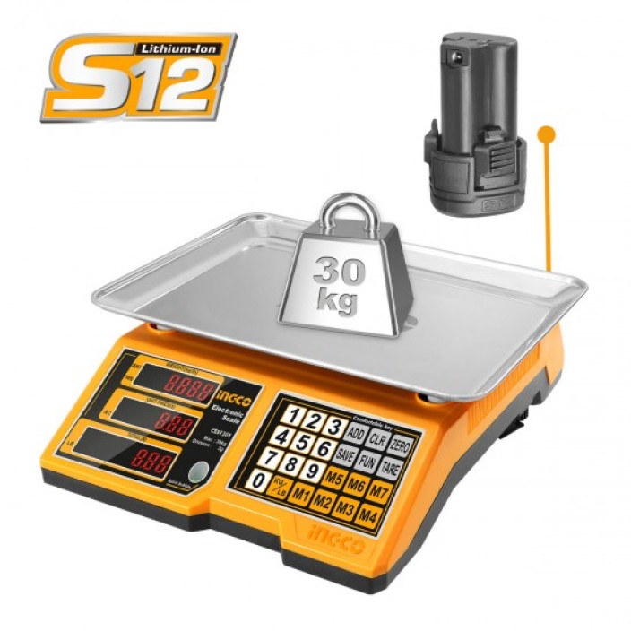 INGCO CES1223 ΨΗΦΙΑΚΗ ΕΠΙΤΡΑΠΕΖΙΑ ΖΥΓΑΡΙΑ  έως 30kg ΜΠΑΤΑΡΙΑΣ 12V Li-Ion