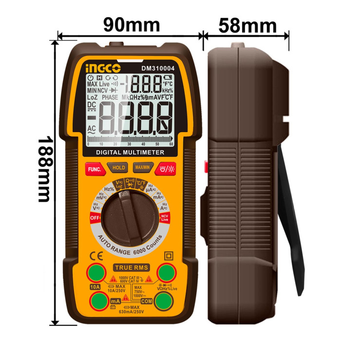 Ψηφιακό Πολύμετρο 1000V True RMS με Μέτρηση AC/DC/ Αντίστασης/ Χωρητικότητας/ Συχνότητας/ Kύκλος λειτουργίας/ Θερμοκρασίας/ NCV