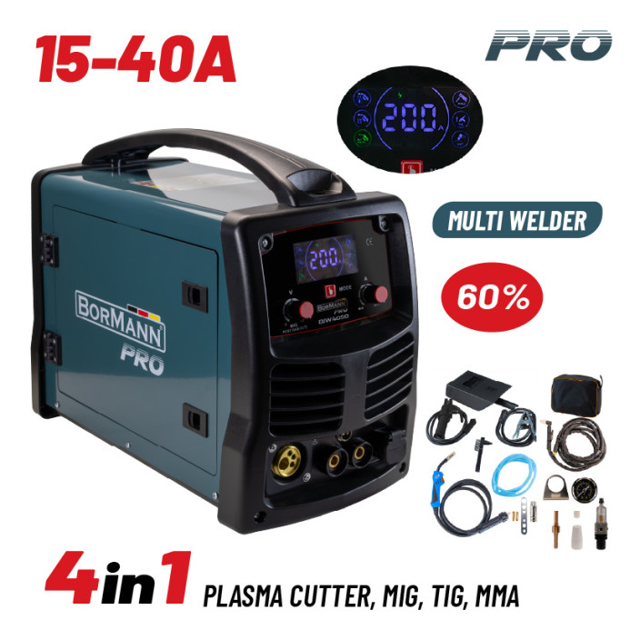 BORMANN Pro BIW4050 ΠΟΛΥΣΥΓΚΟΛΛΗΤΗΣ/ΚΟΦΤΗΣ 4 ΣΕ 1 (PLASMA CUTTER, MIG, TIG, MMA) 15-200Α/20-40Α, 60%